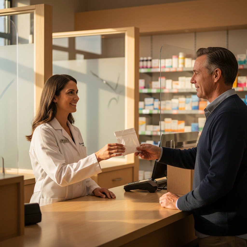 Pharmacist handing a medication bag to a patient, illustrating pharmacy coordination in a Suboxone assistance program