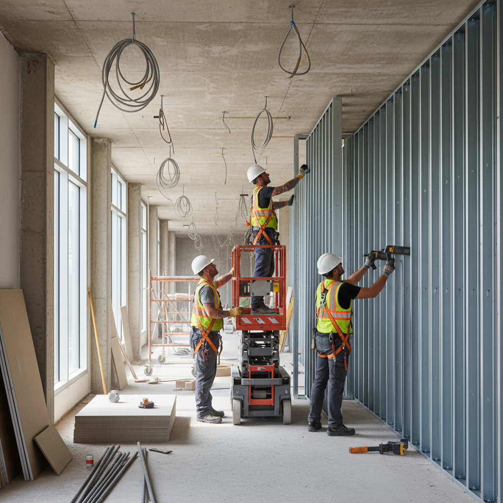Contractors installing a preassembled heavy-gauge load-bearing steel stud wall panel in a commercial corridor using a mechanical lift
