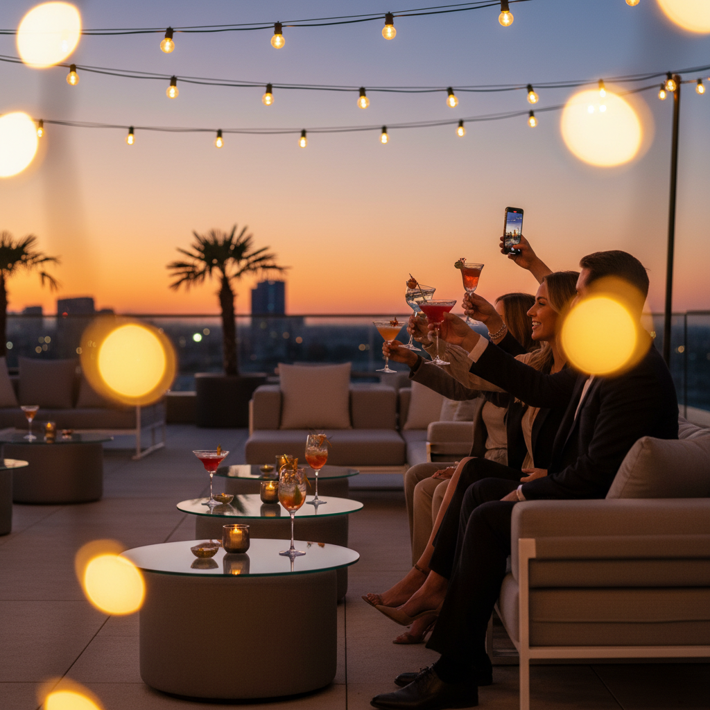 Evening outdoor patio celebration with string lights and lounge seating in Mississauga; inspiration for a graduation party planning guide