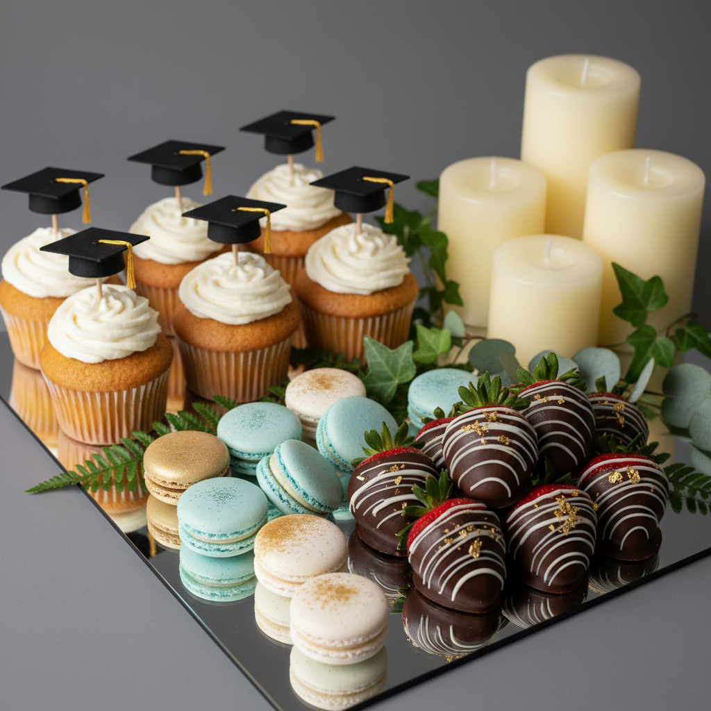 Close-up of a graduation dessert table with assorted mini desserts, styled for an elegant ballroom celebration in Mississauga; menu detail for a graduation party planning guide