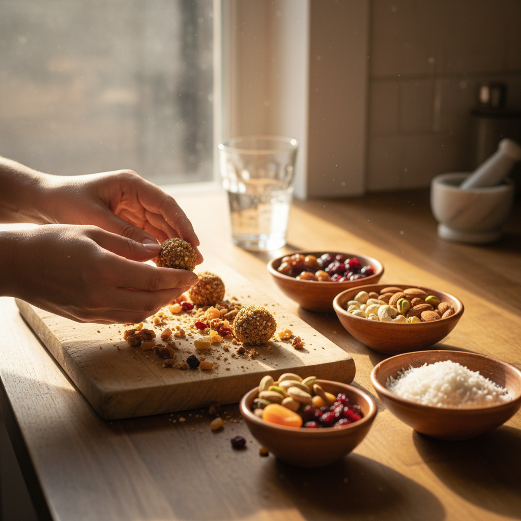 Hands rolling dry fruit laddu on a wooden board with bowls of nuts and dried fruits nearby