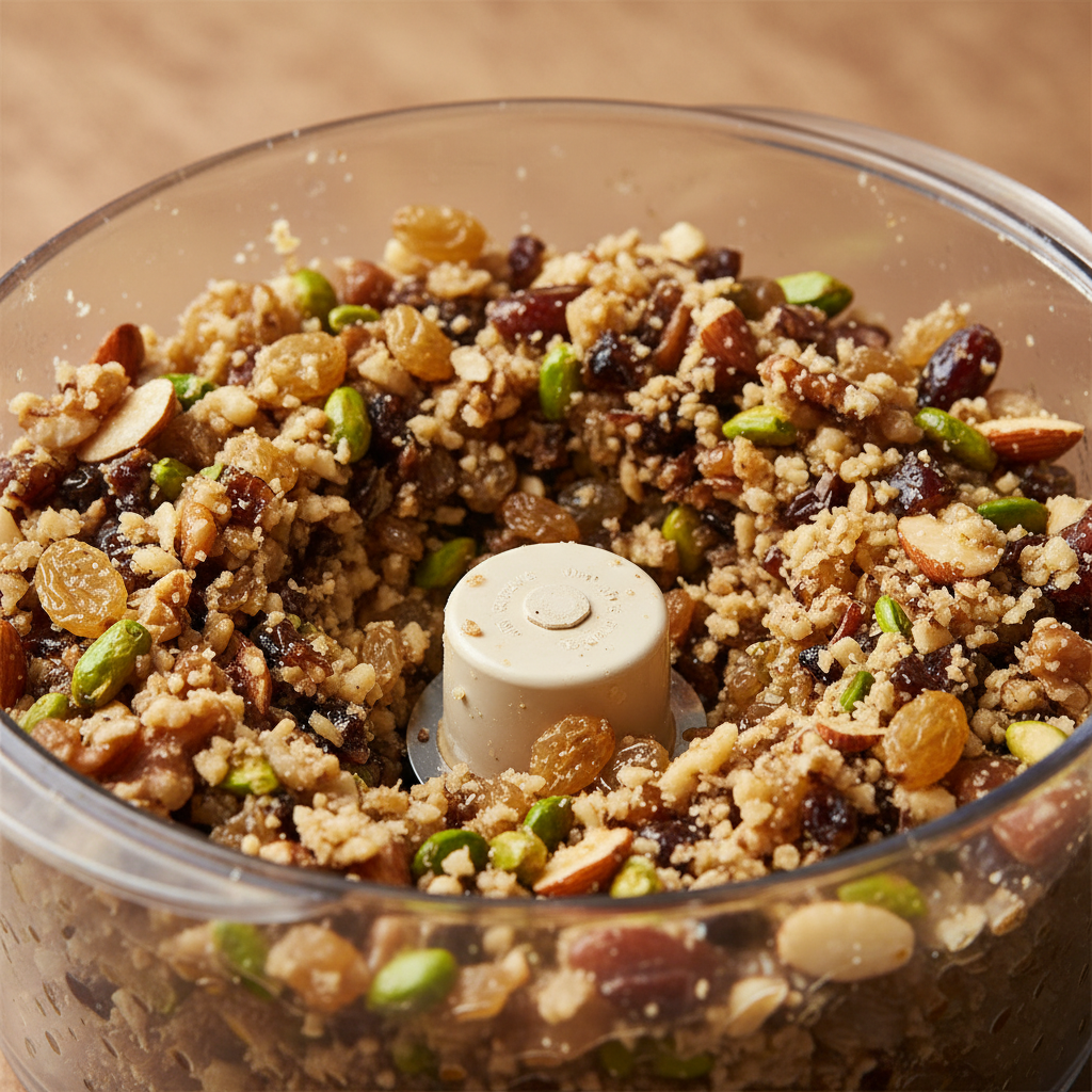 Close-up of food-processor mixture for dry fruit laddu with almonds, pistachios, walnuts, raisins, and date paste