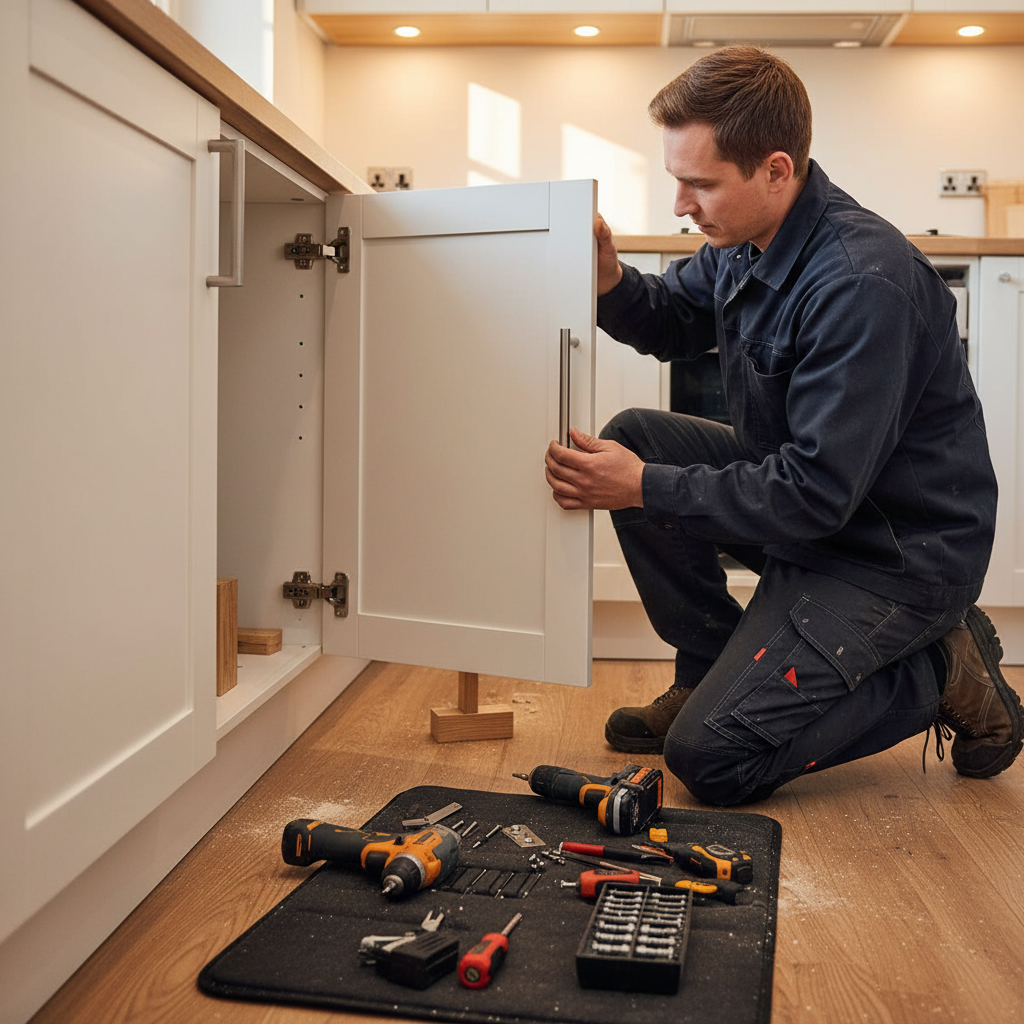 Technician aligning new cabinet hinge and handle during refacing in a Toronto home