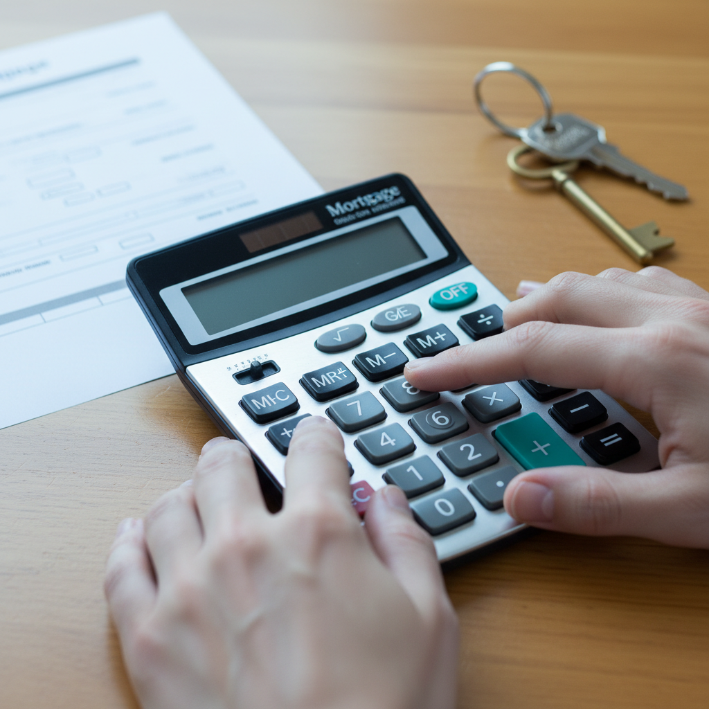 Close-up of homeowner using a calculator to estimate home equity value with keys nearby