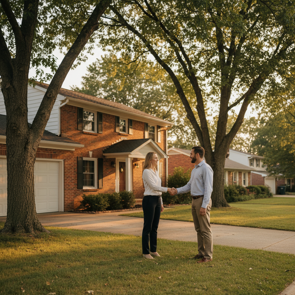 Realtor and homeowner shaking hands in front of a suburban brick home in Brampton, illustrating equity planning