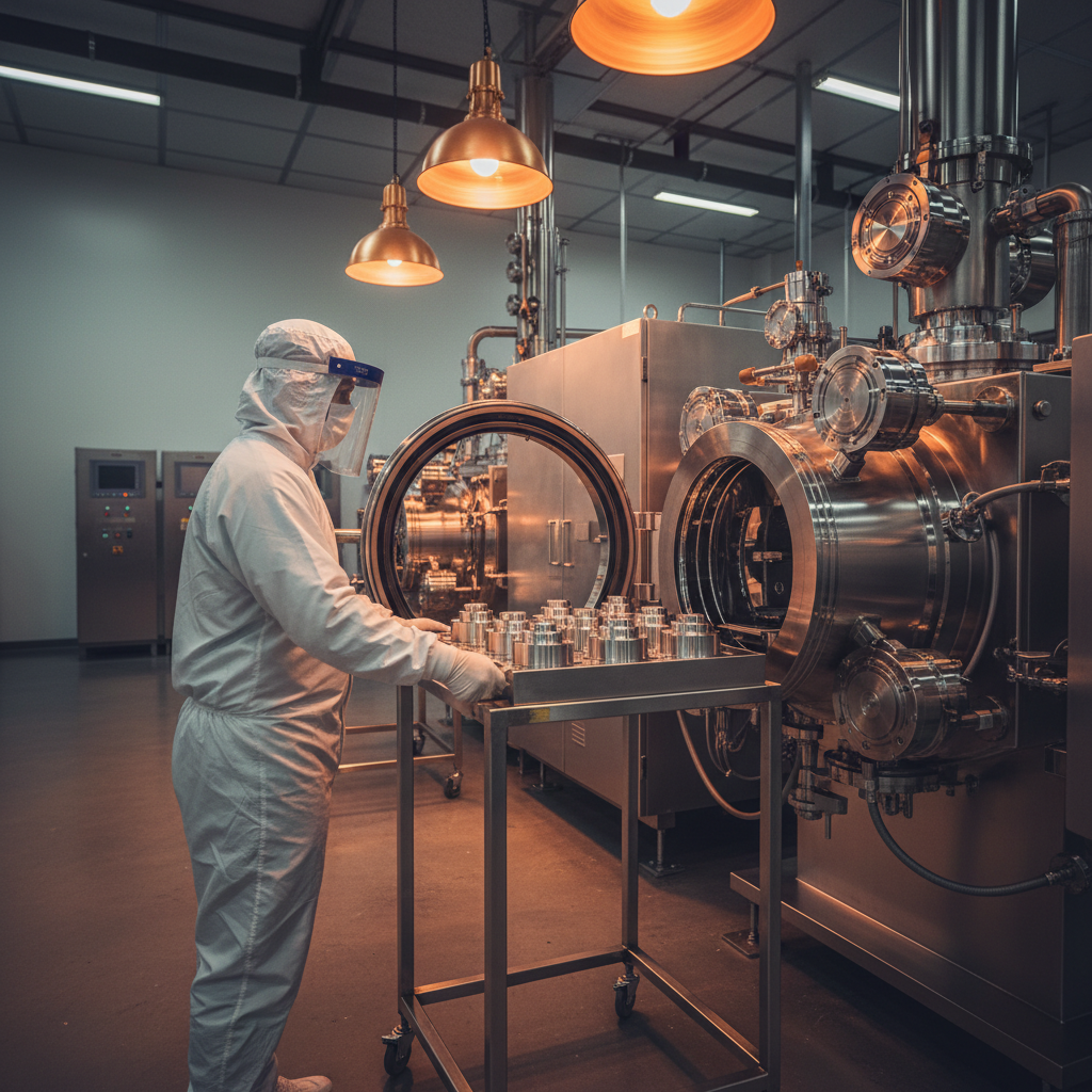 Technician loading a fixture with metal parts into a modern PVD system to run a DLC deposition cycle