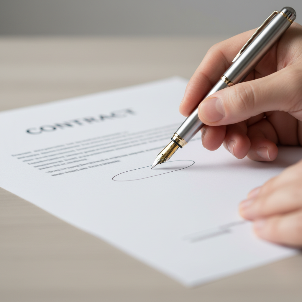 Close-up of signing a buyer representation agreement, TREC-style contract concept for GTA buyers