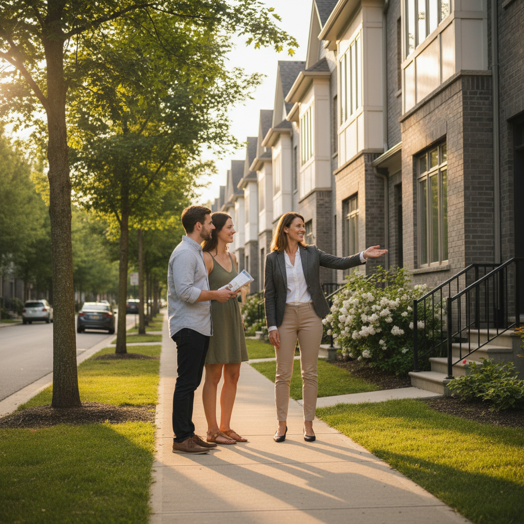 Realtor touring a townhouse exterior with buyers in Cambridge-Kitchener area under a clear plan