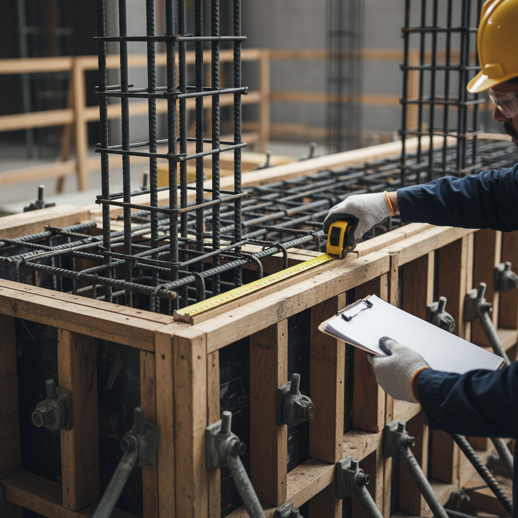 Close-up of rebar and concrete formwork inspection during commercial construction in Texas, emphasizing QA/QC and schedule reliability