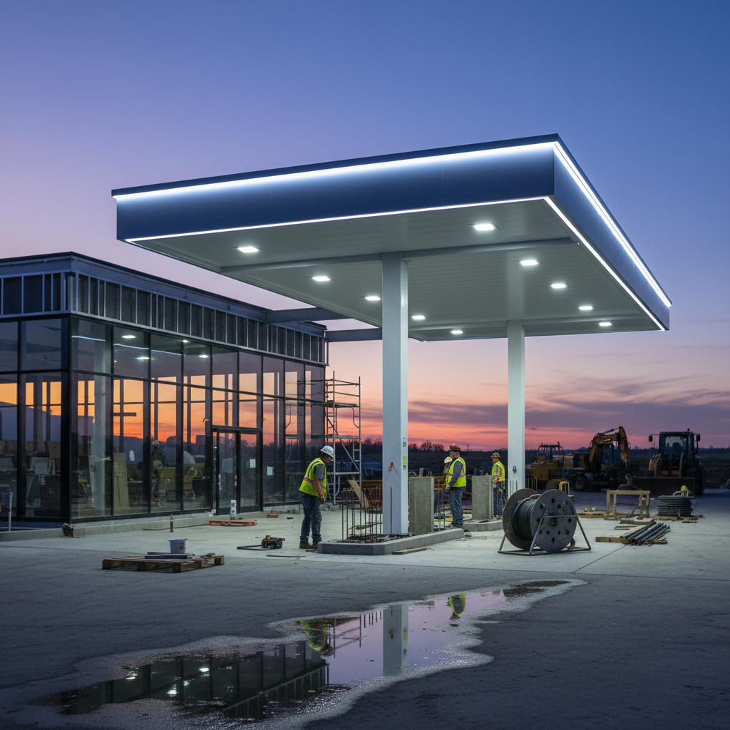 Texas C-store and gas station under construction at dusk, canopy lights on and crews installing fuel dispenser bases