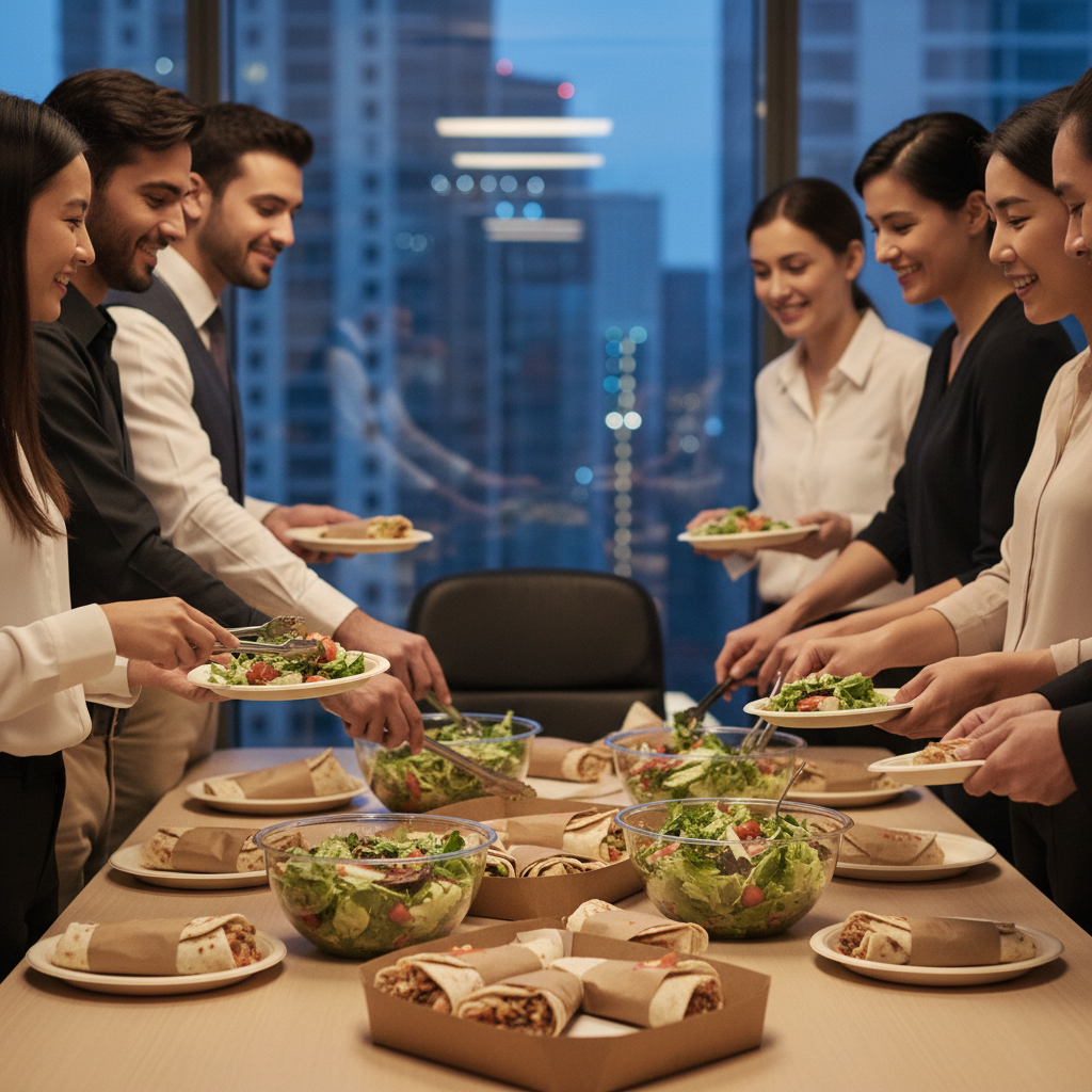Office team sharing catered shawarma wraps and salads, demonstrating Toronto shawarma catering service in action