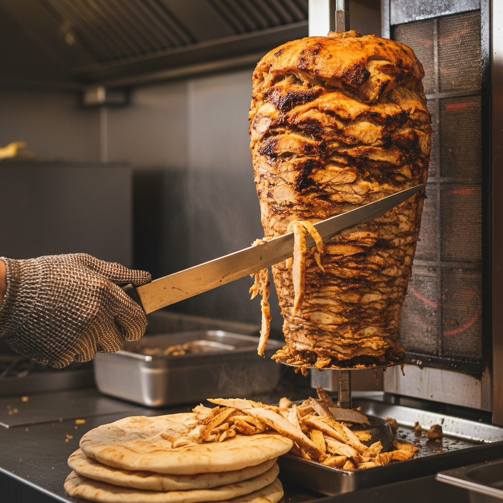 Close-up chicken shawarma shaved onto pita, illustrating authentic Toronto shawarma catering service quality
