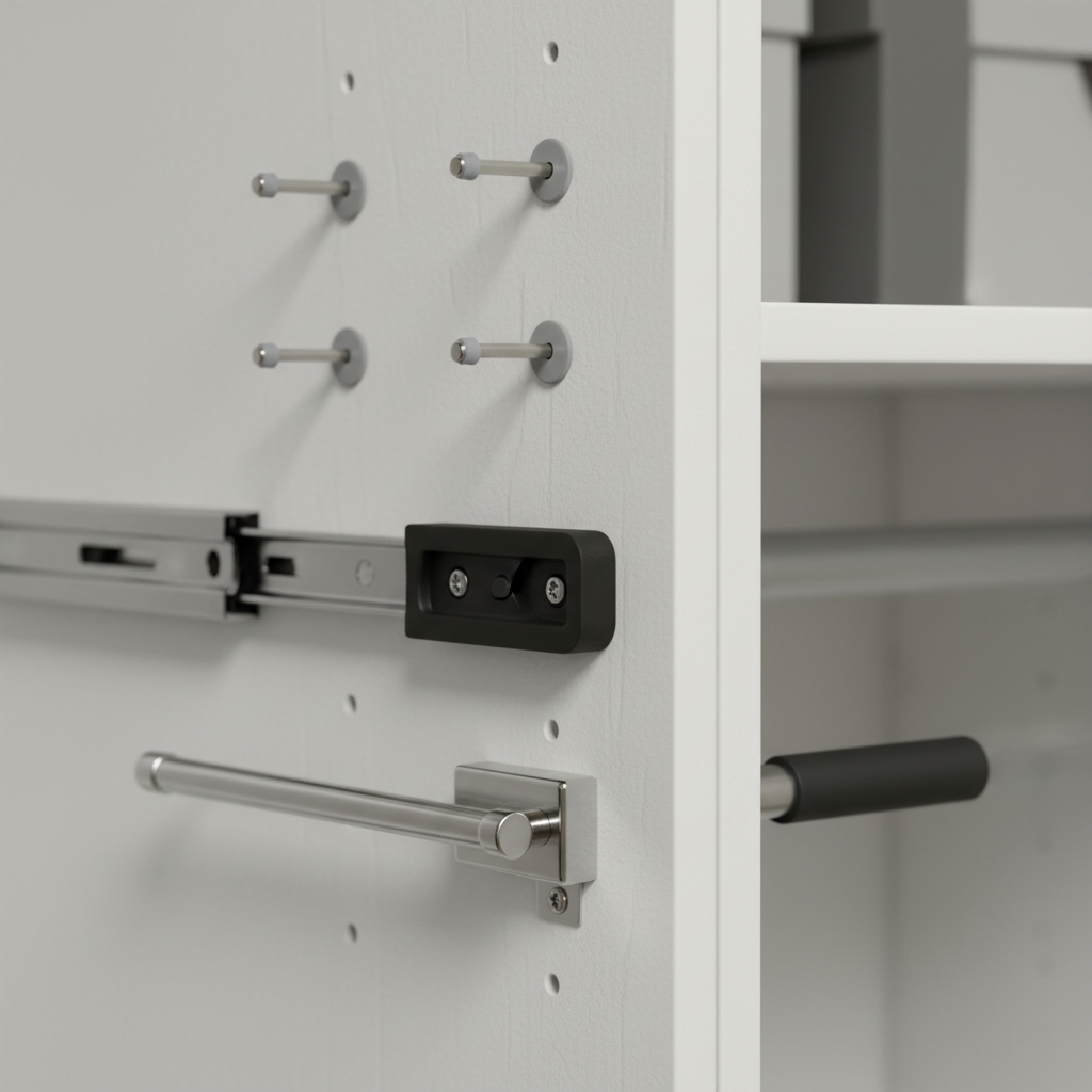 Adjustable hardware close-up for custom closet organizer: soft-close slides, valet rod, shelf pins in melamine