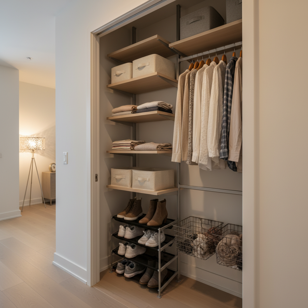 Custom Closet Organizer: Compare Options & Pick Better (2026) 2 Reach-in condo closet with modular organizer: shelves, shoe racks, and single hanging rod in a tidy hallway