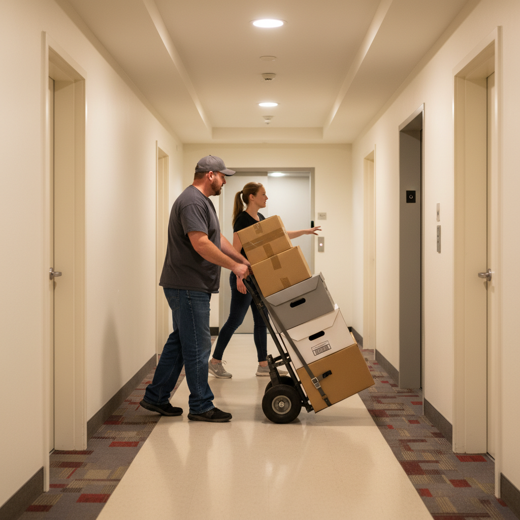 Movers using a hand truck in a Dubai apartment hallway during a local move, showcasing smooth building logistics for accurate quotes