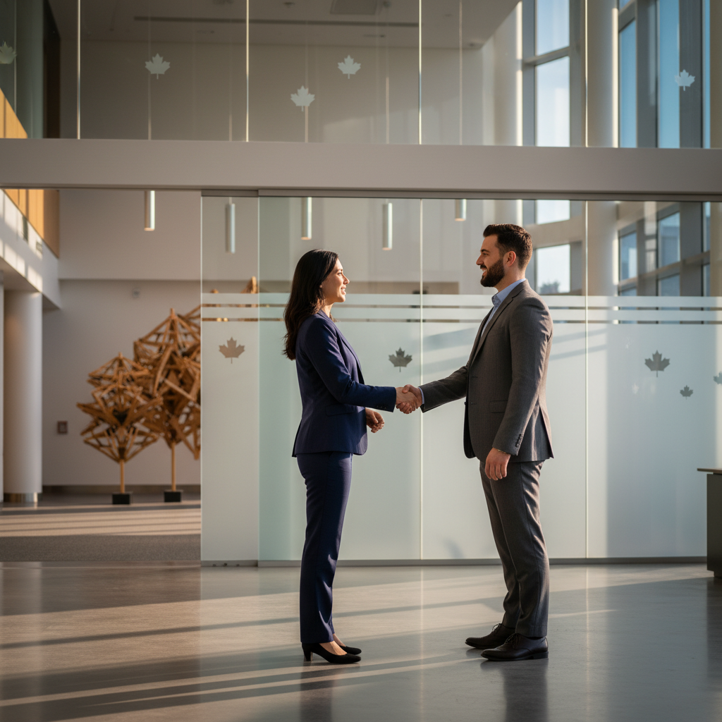 Advisor and entrepreneur shaking hands after reviewing a government bid checklist in a civic building lobby in Toronto