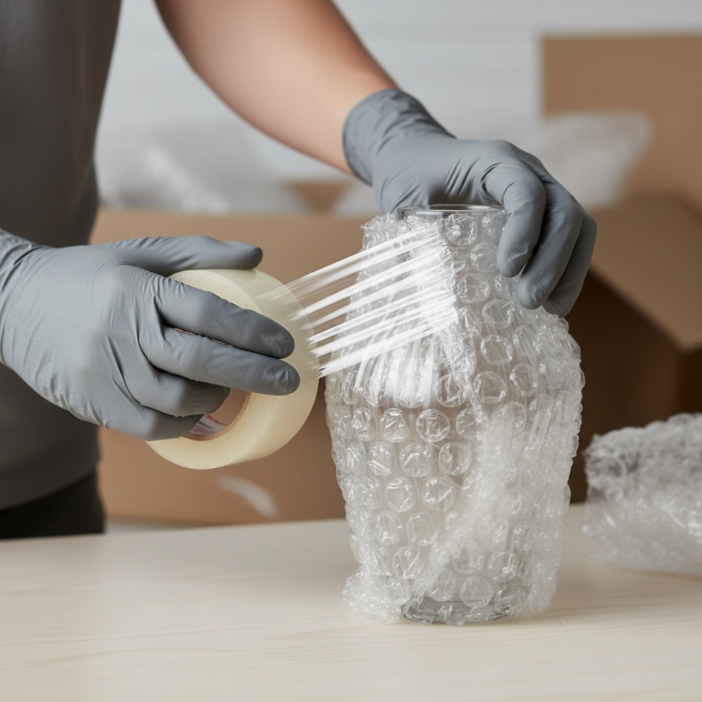 Close-up of professional packing for fragile items during a local move in Dubai, ideal for accurate local moving company quotes