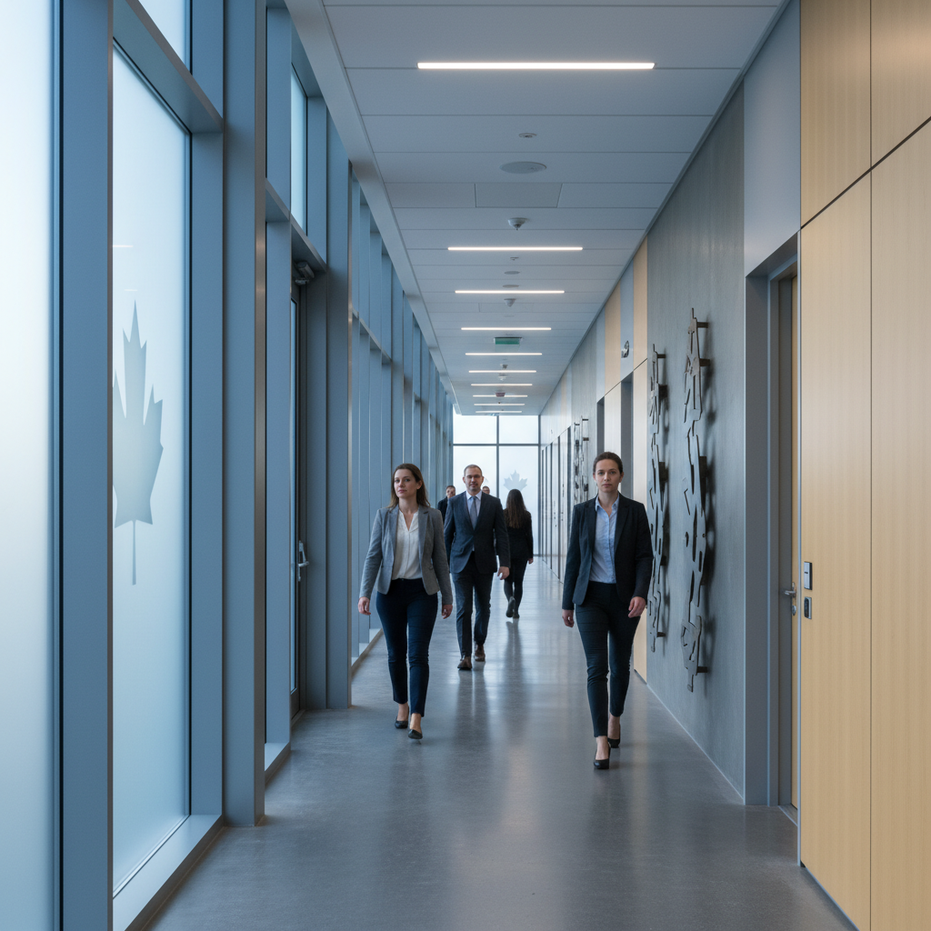 Side-angle view of a modern Canadian courthouse hallway representing refugee appeal and judicial review pathways in Canada