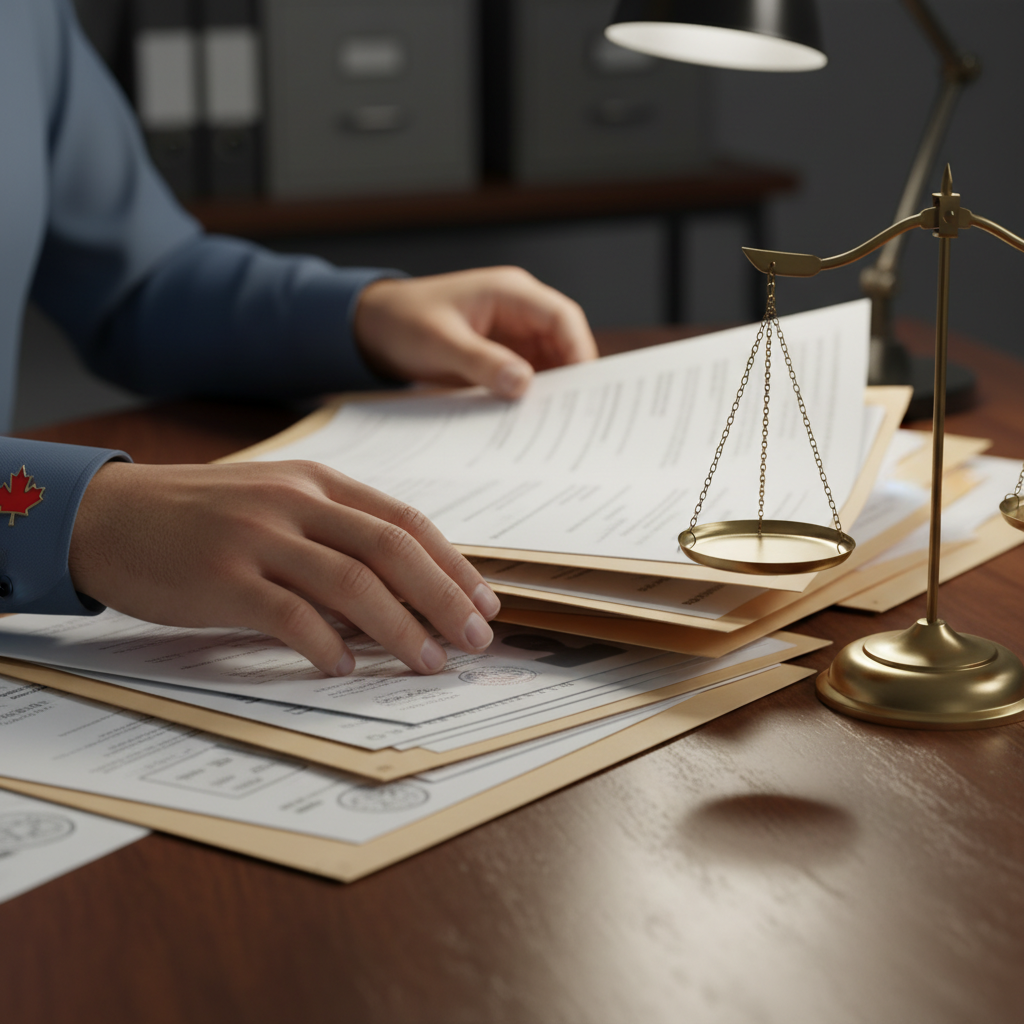 Close-up view of refugee lawyer case preparation: hands organizing identity documents, affidavit drafts, and evidence with a small Canadian flag pin and scales-of-justice paperweight