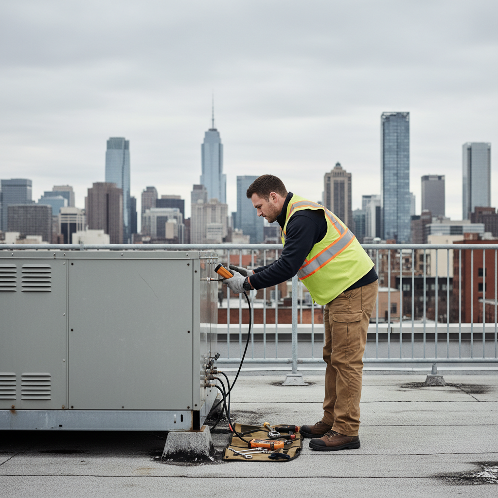 Rooftop HVAC inspection scene with commercial building inspector reviewing units