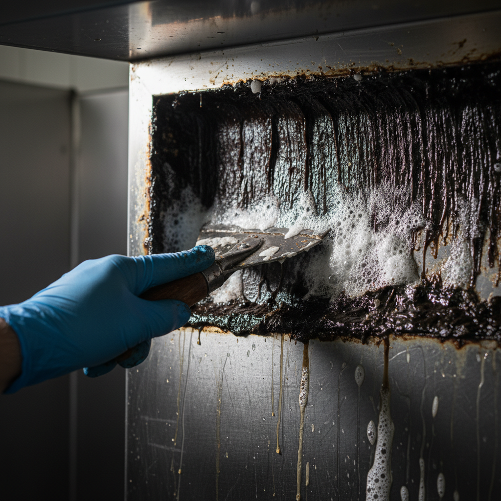 Close-up of kitchen duct degreasing for fire safety compliance with technician scraping grease to bare metal