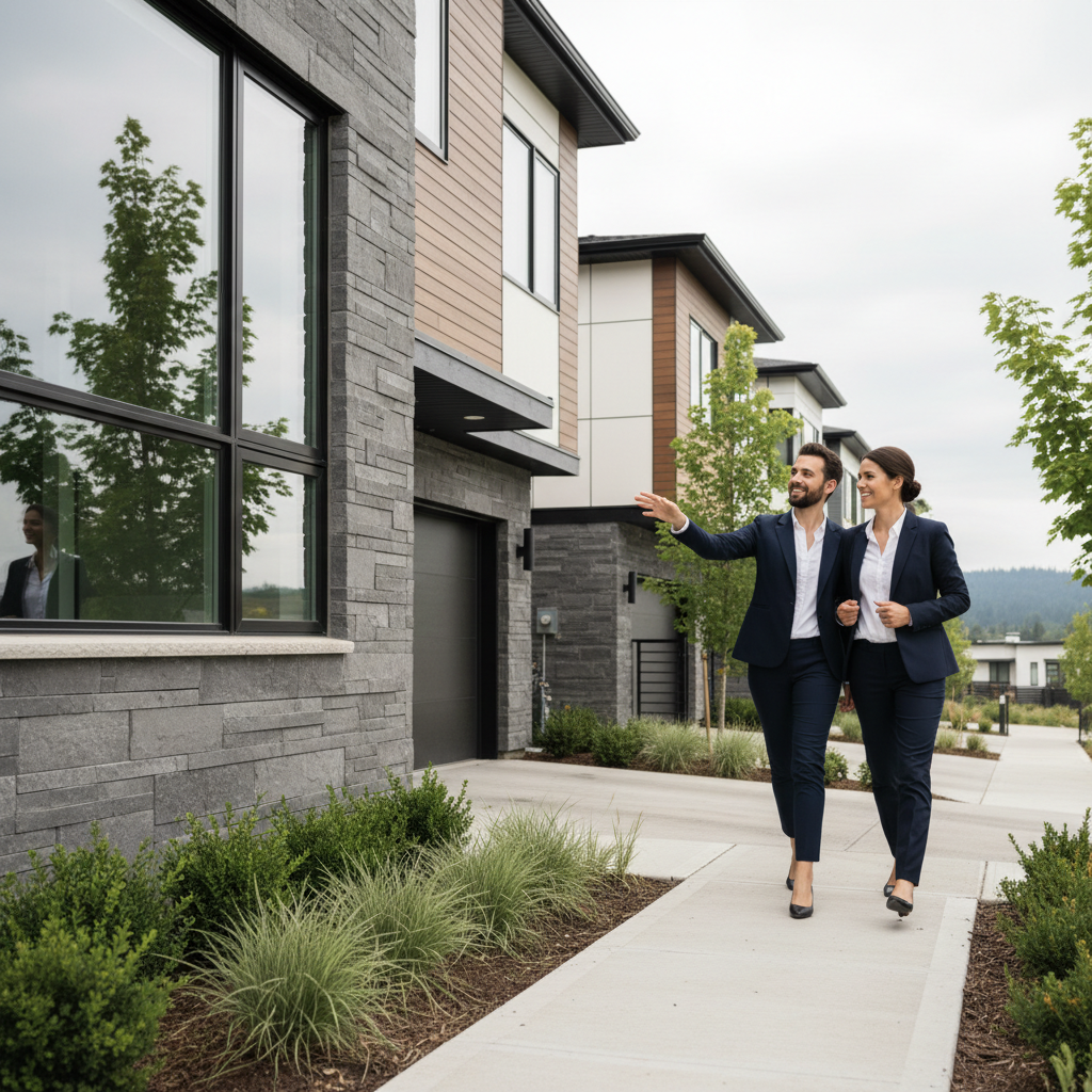 Realtor guiding Surrey homeowners outside a contemporary townhouse, illustrating the seller journey