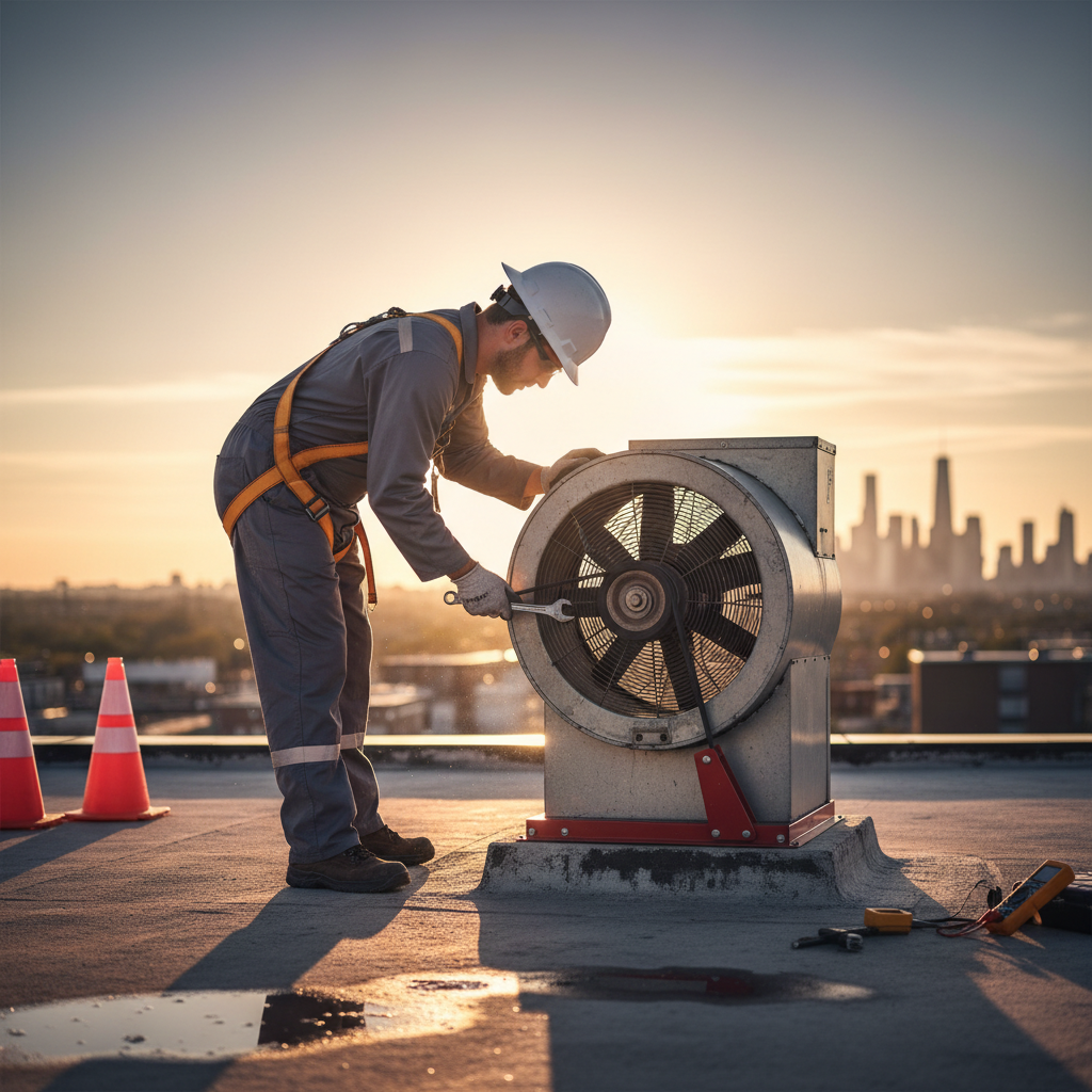 Technician inspecting rooftop exhaust fan and belt alignment for kitchen ventilation safety in Ontario
