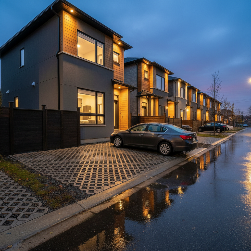 Permeable paver driveway extension on a narrow lot beside a fence with evening lighting in Mississauga