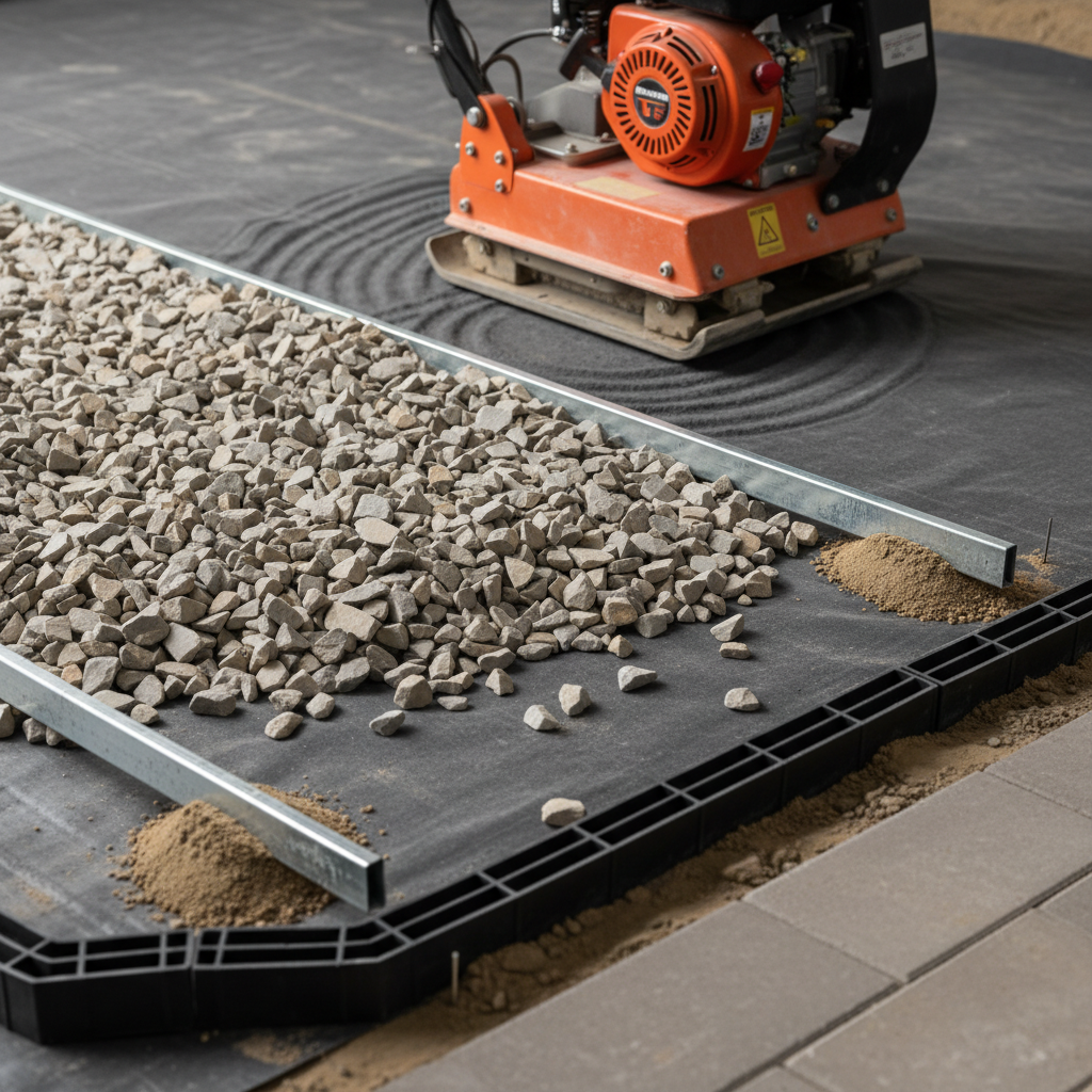 Close-up of driveway base preparation with geotextile, compacted aggregate, and paver edge restraint for narrow-lot driveway widening