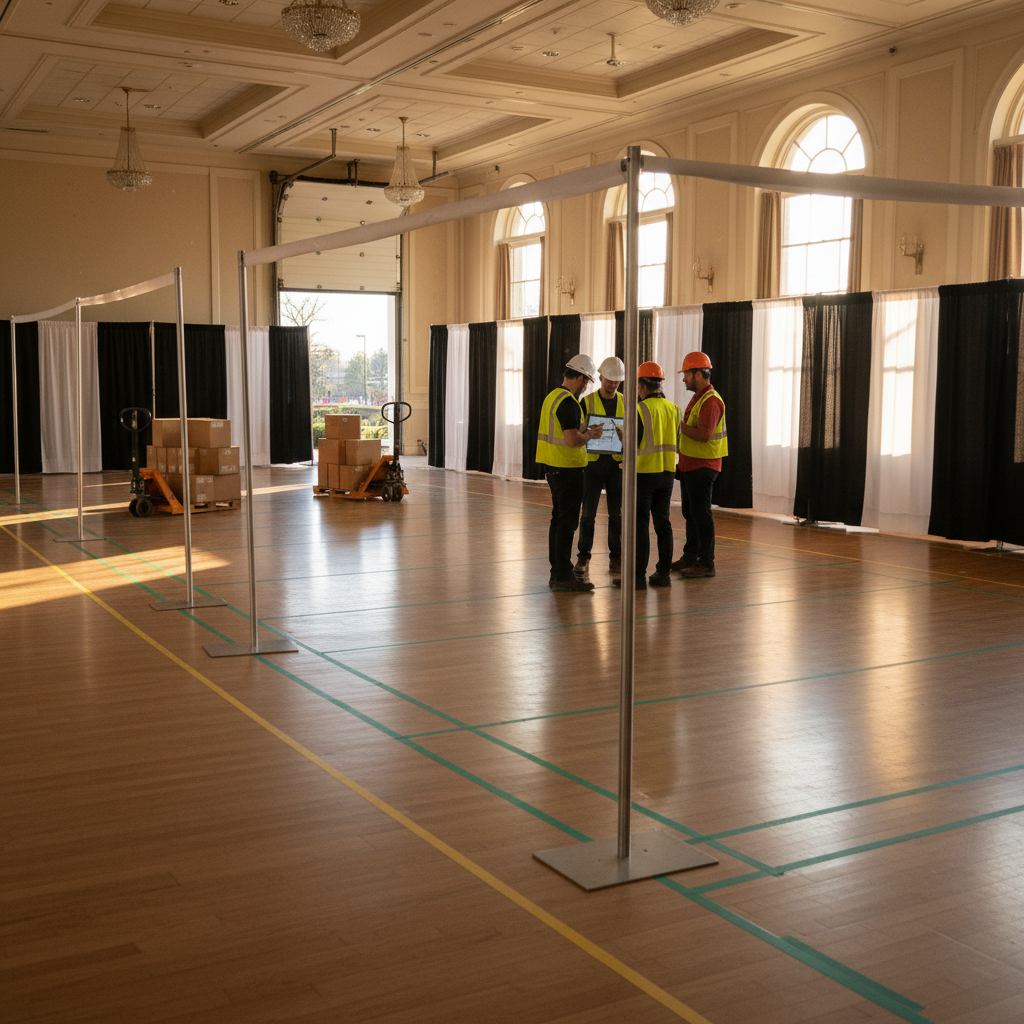 Empty ballroom at Mississauga Convention Centre prepared for an exhibition with pipe-and-drape and marked lanes