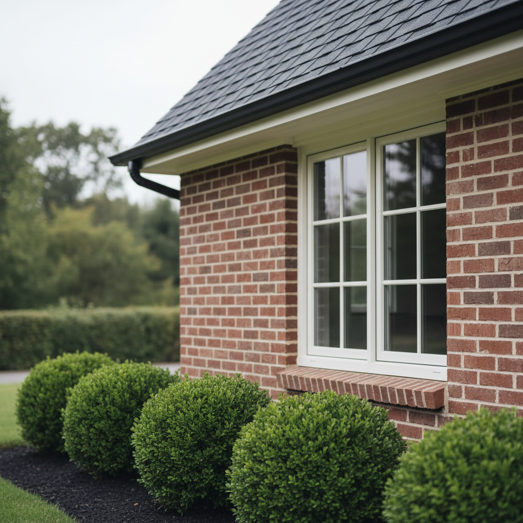 Close-up of Mississauga brick home exterior used to explain home valuation tool inputs like roofline and facade details