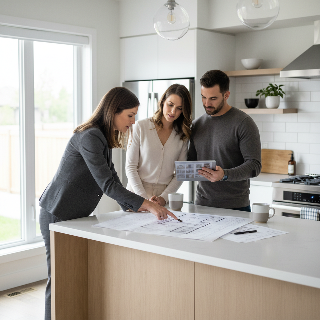 Agent guiding Mississauga homeowners at kitchen island while reviewing listing strategy and home valuation results