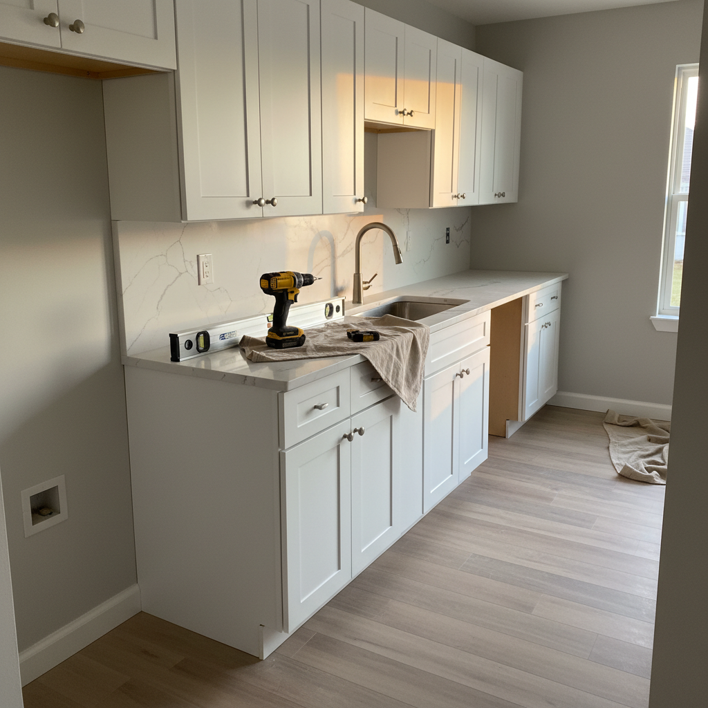 Kitchen upgrade in progress during apartment renovation, cabinets and countertop install aligned with documented scope changes