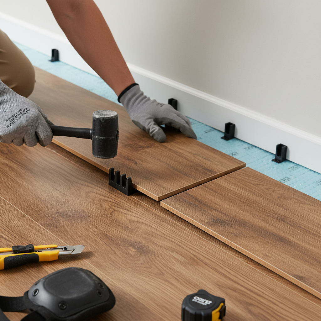 Close-up of LVP flooring installation detail during rental unit renovation, showing precise alignment and change-control in action