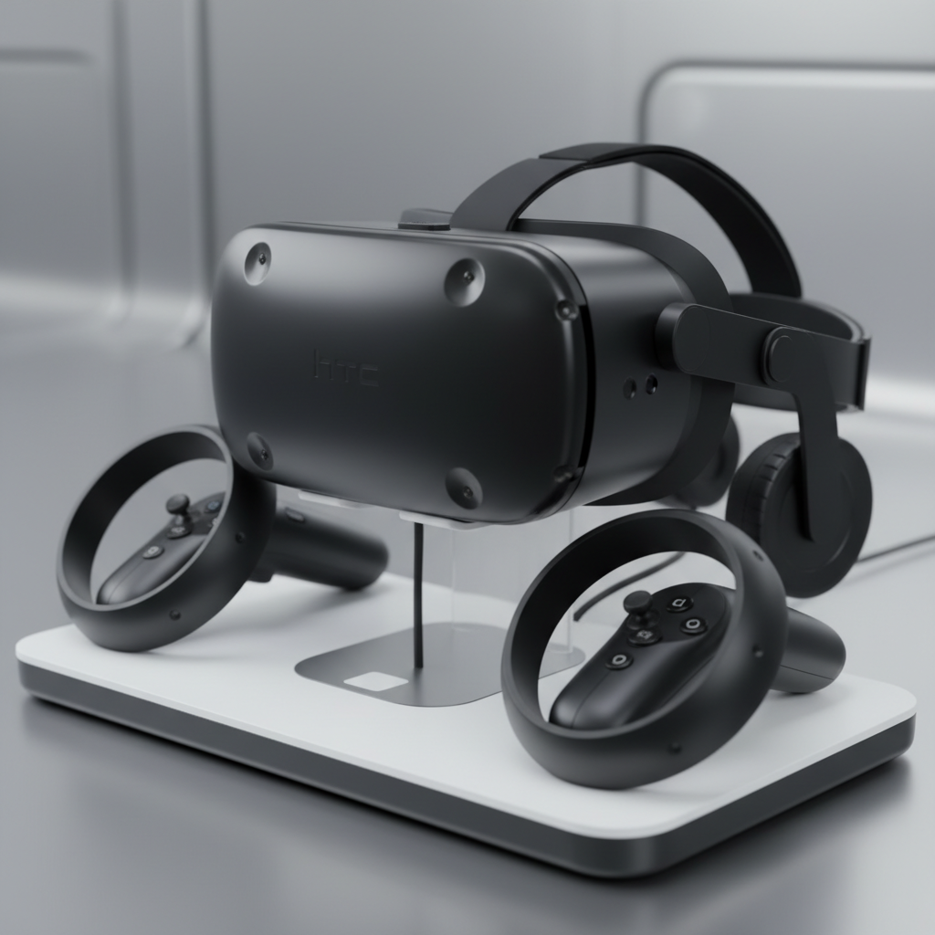Close-up of HTC Vive style VR headset and motion controllers at The Next Level VR arcade, ideal for vr headset games and room-scale play