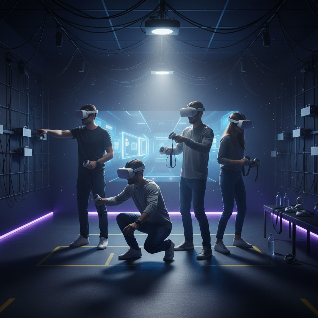 Small group collaborating in a VR escape room at The Next Level, showcasing teamwork and communication in vr headset games