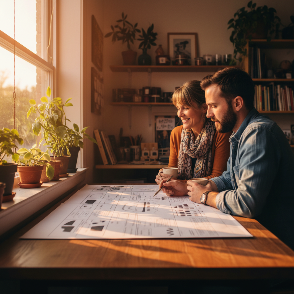 Local shop owners reviewing a printed SEO content calendar for neighborhood-focused posts