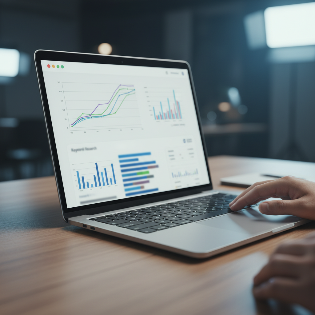 Close-up of website analytics and keyword visuals supporting a small-business SEO strategy