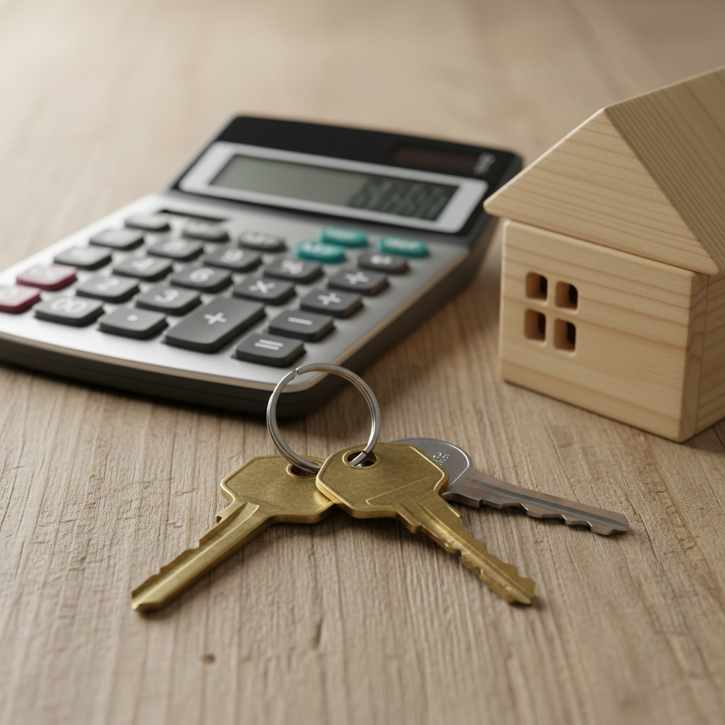 Close-up of house keys, calculator, and model house used to compare bank home loan rates with offset and features
