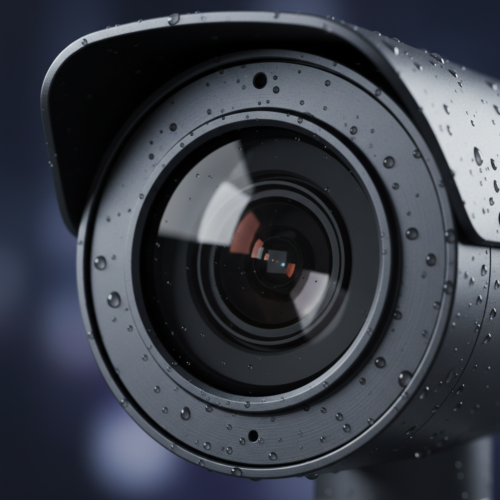 Close-up of a weather-sealed turret IP camera lens showing sensor reflections and rain droplets, illustrating color night vision optics
