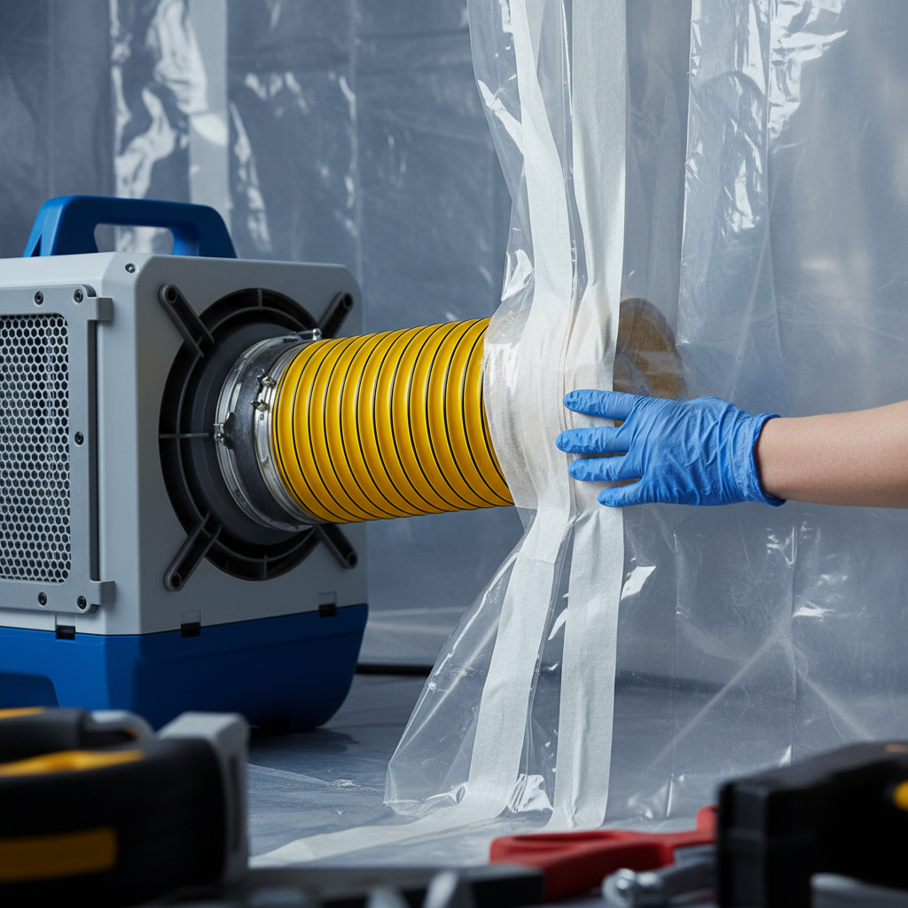 Close-up of HEPA negative air machine and sealed plastic containment seam during professional mold removal, illustrating HEPA filtration and containment best practices