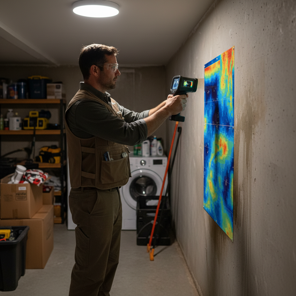 Certified technician using a thermal imaging camera to identify hidden moisture in a basement wall to prevent mold regrowth and manage mold treatment cost
