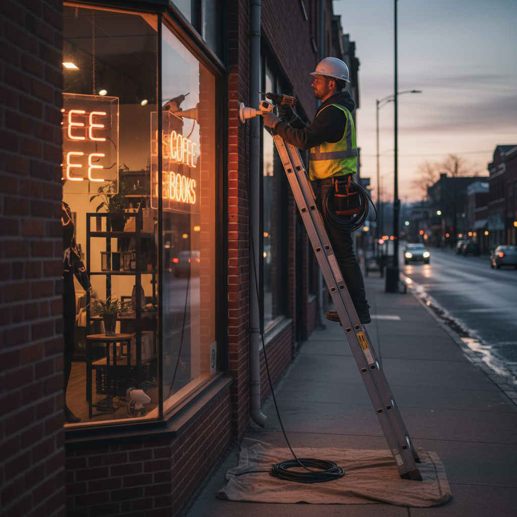 Licensed technician installing a PoE bullet IP camera at dusk, showing proper exterior mounting and cable management for color night vision