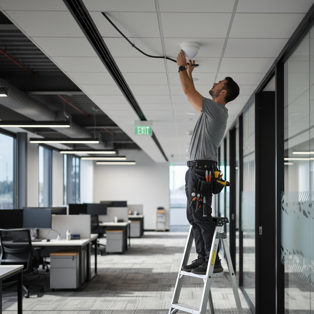 Technician mounting a commercial motion detector and integrating it with CCTV and access control in a Tennessee office