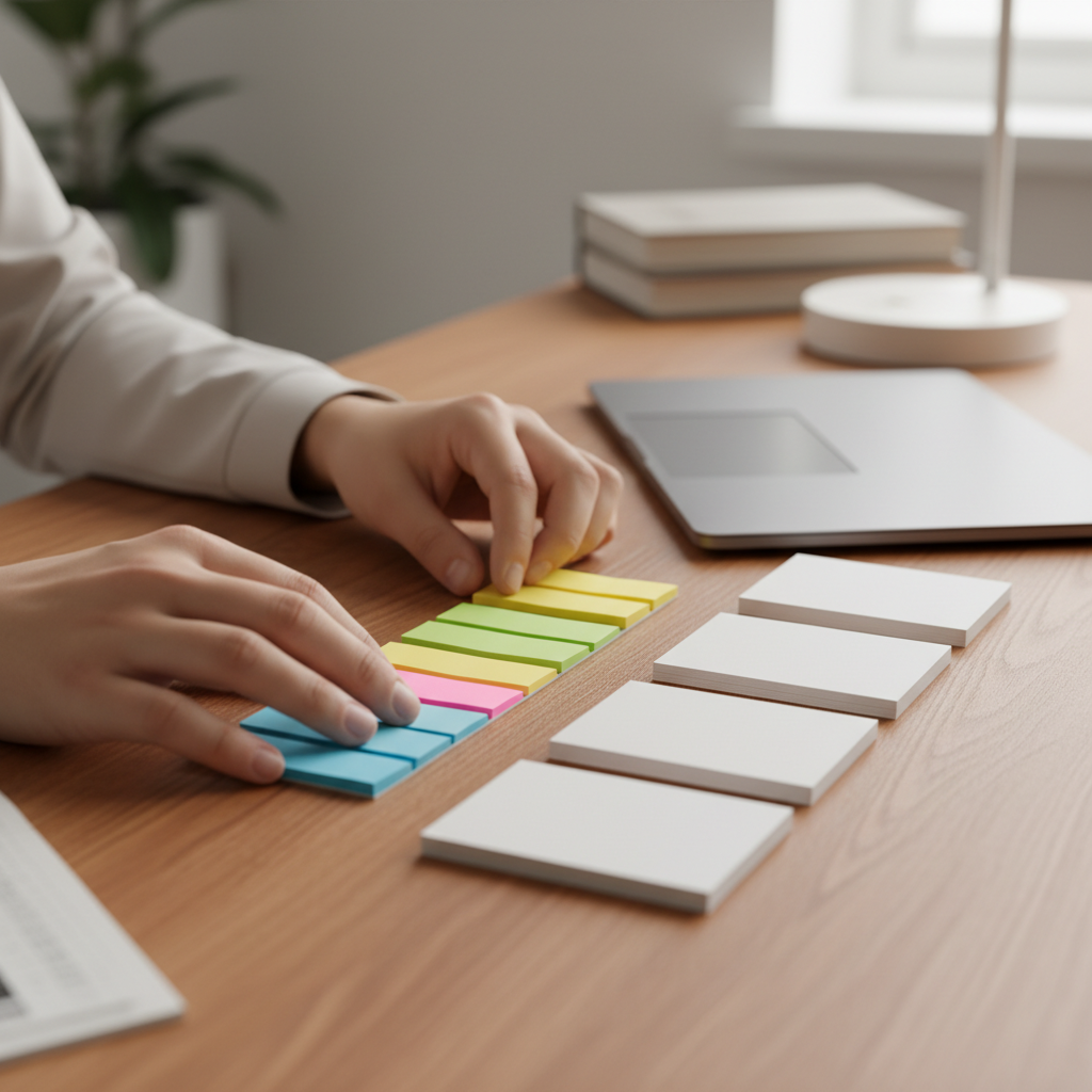 Close-up of CCBA study plan materials: color-coded sticky notes and blank flashcards used during CCBA certification training in Canada