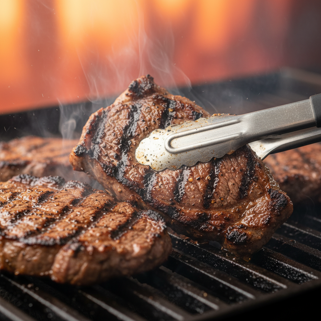 Close-up of carne asada on a Mexican grill in Toronto, sizzling with char marks for casual dinners