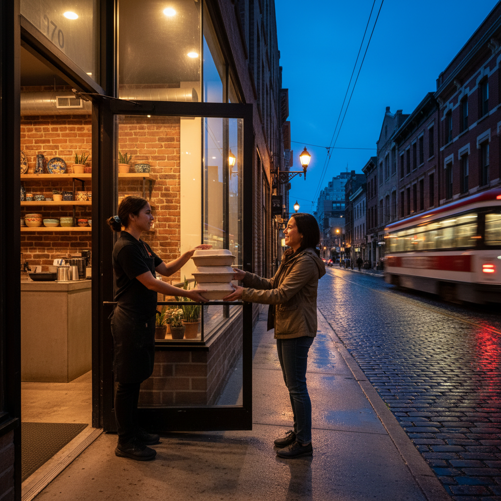 Takeout handoff at a Mexican grill on Queen Street West in Old Toronto for easy weeknight dinners