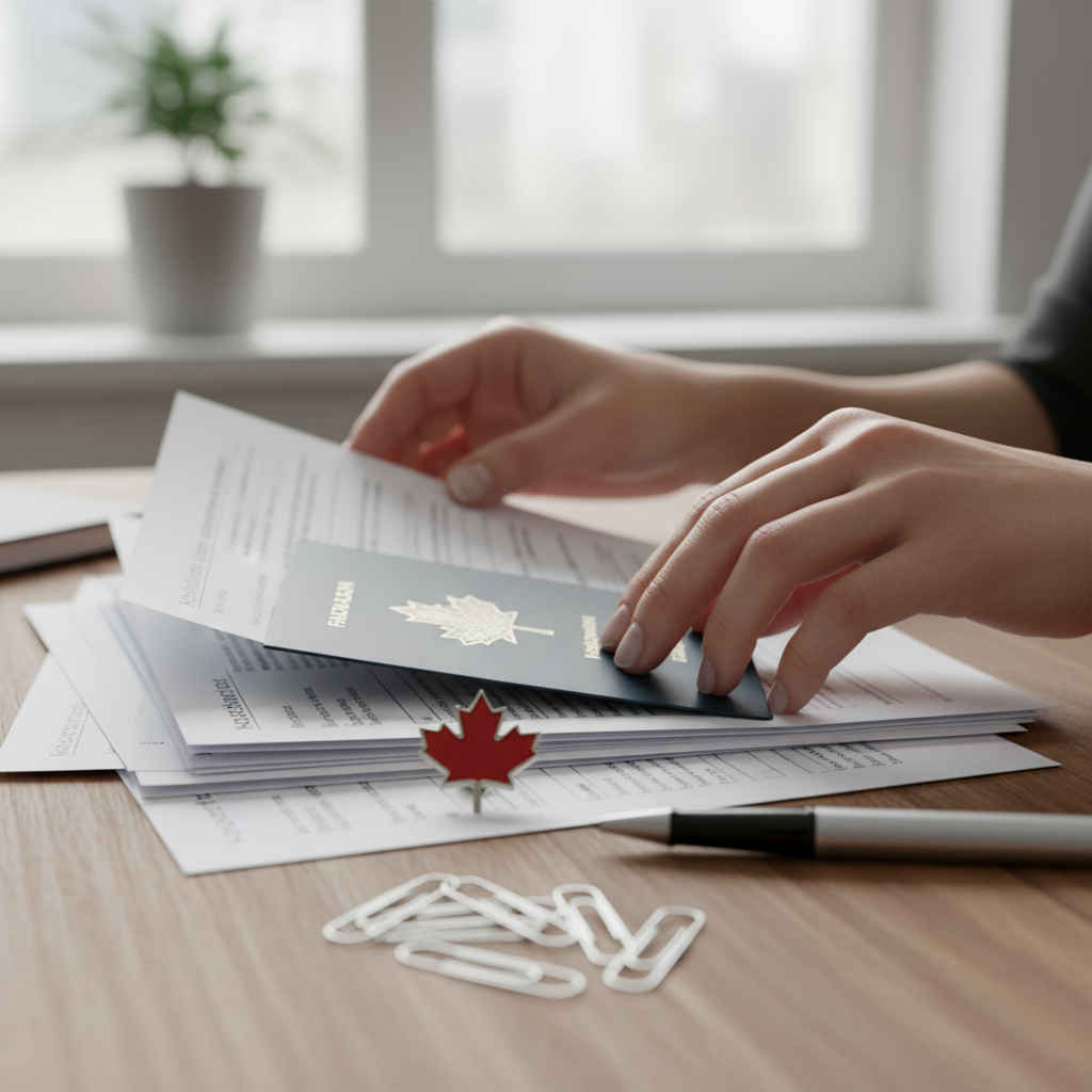 Close-up of Canadian immigration documents for Express Entry preparation, showing organized papers and a maple leaf pin