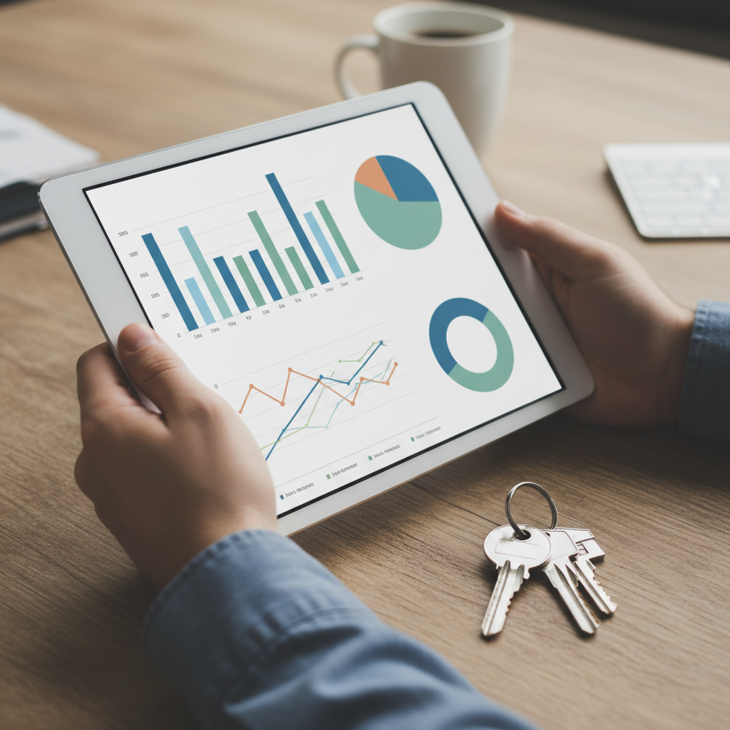 Close-up of a buyer reviewing GTA real estate market report charts on a tablet next to house keys, illustrating data-driven real estate decisions in Mississauga