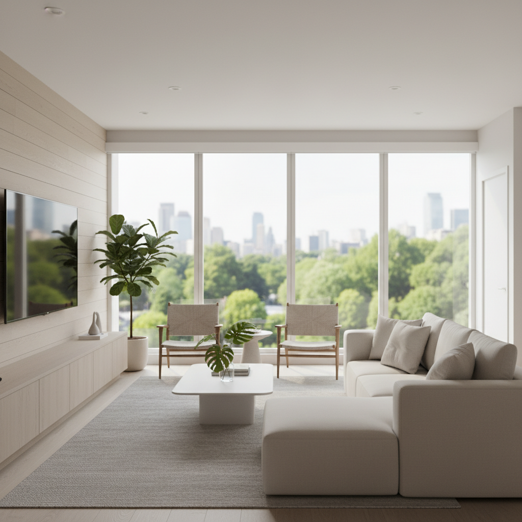 Beautifully staged modern condo living room in the GTA, showing neutral colors, natural light, and clean lines to maximize buyer appeal and faster sales